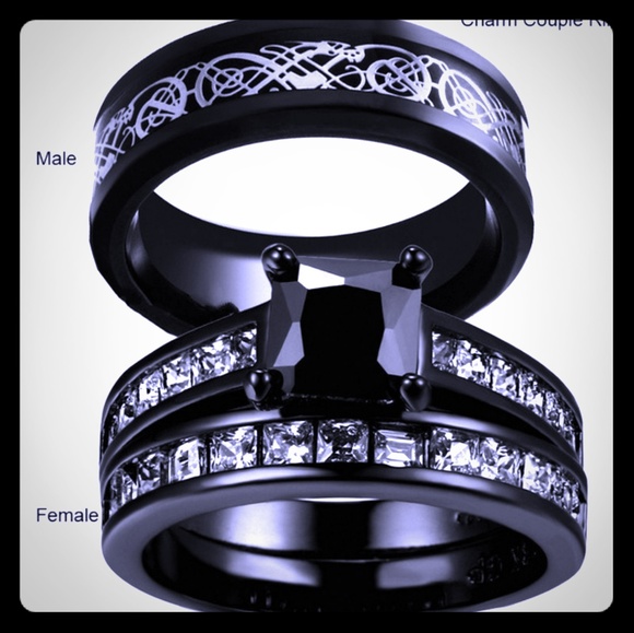 Black Wedding Ring Set - Picture 1 of 2
